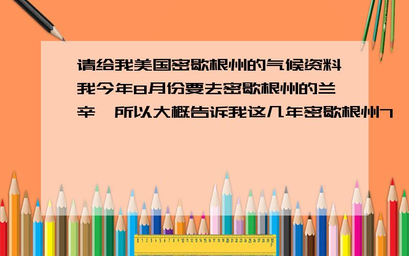 请给我美国密歇根州的气候资料我今年8月份要去密歇根州的兰辛,所以大概告诉我这几年密歇根州7,8月份的气候信息,大概平均气温多少度.年平均气温呢?