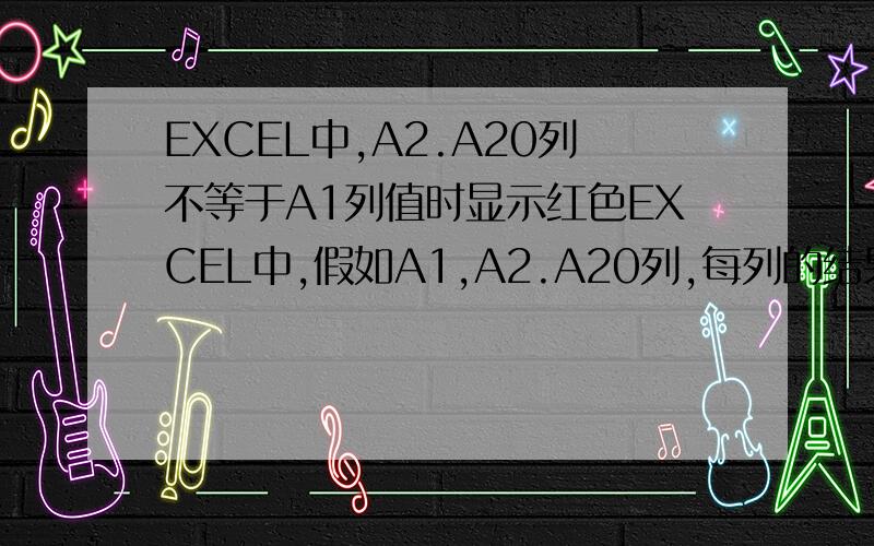 EXCEL中,A2.A20列不等于A1列值时显示红色EXCEL中,假如A1,A2.A20列,每列的结果都是用公式所得.需要A2.A20列不等于A1列值时显示红色,等于A1列值时显示蓝色.都说在条件格中可以设置,但具休怎么弄