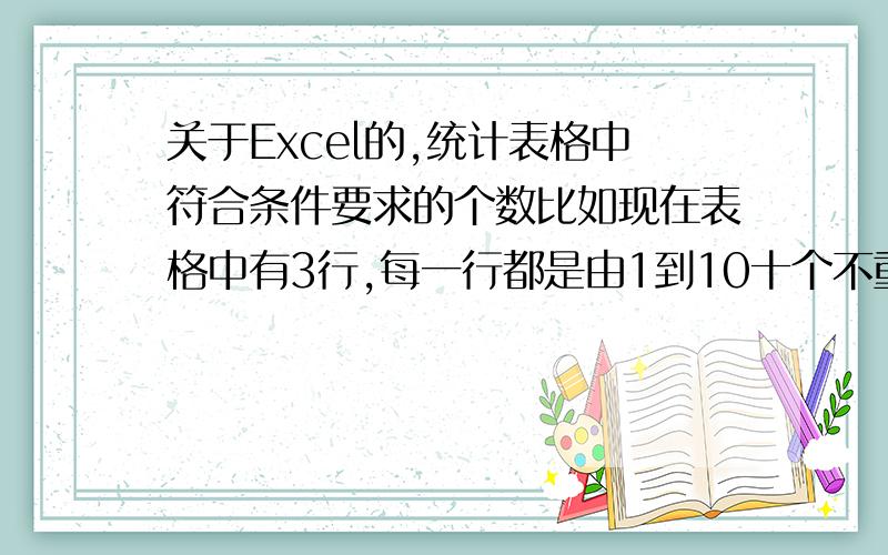 关于Excel的,统计表格中符合条件要求的个数比如现在表格中有3行,每一行都是由1到10十个不重复的数字随机组成,现在我要找第二行中数字1所在位置对应另外一个位置（两个位置相加始终等于