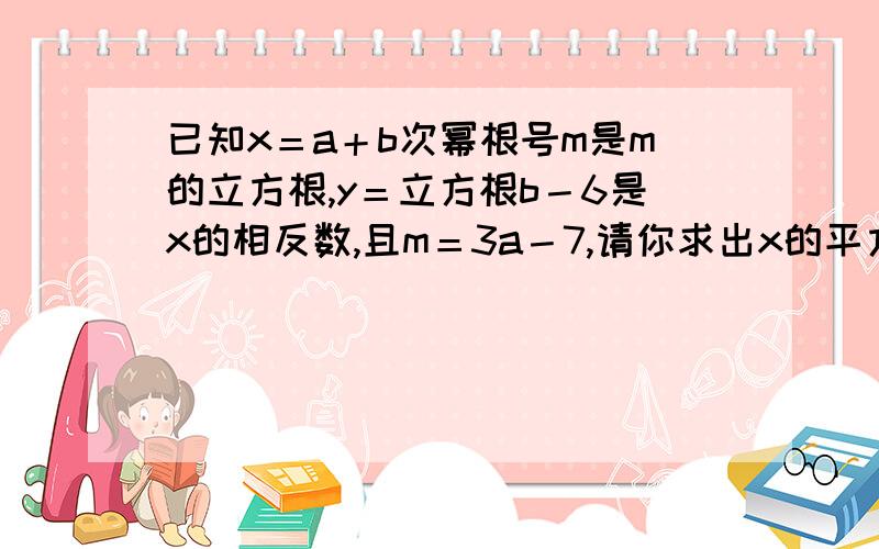 已知x＝a＋b次幂根号m是m的立方根,y＝立方根b－6是x的相反数,且m＝3a－7,请你求出x的平方根