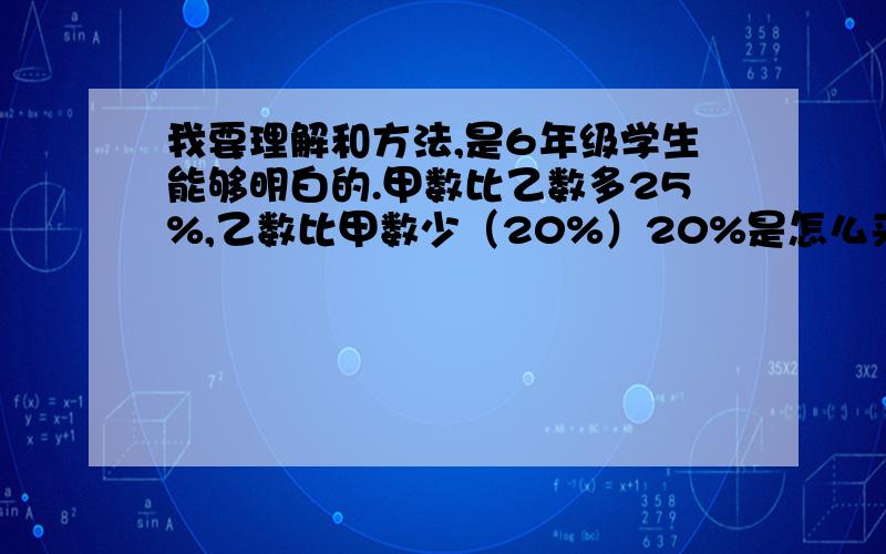 我要理解和方法,是6年级学生能够明白的.甲数比乙数多25%,乙数比甲数少（20%）20%是怎么来的?理解和方法6年级学生能够明白的