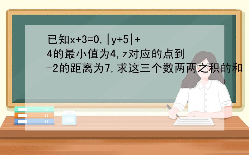 已知x+3=0,|y+5|+4的最小值为4,z对应的点到-2的距离为7,求这三个数两两之积的和