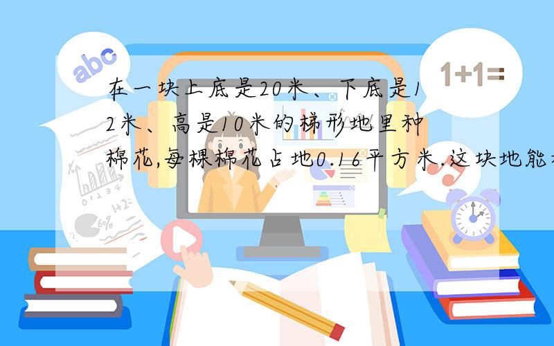 在一块上底是20米、下底是12米、高是10米的梯形地里种棉花,每棵棉花占地0.16平方米.这块地能种多少克算式