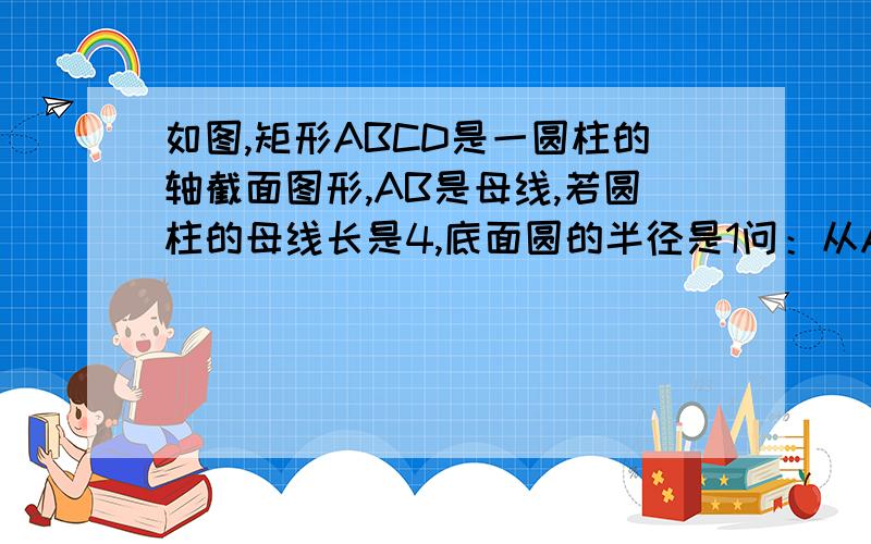 如图,矩形ABCD是一圆柱的轴截面图形,AB是母线,若圆柱的母线长是4,底面圆的半径是1问：从A点绕其侧面一周到B点的最短距离是多少?