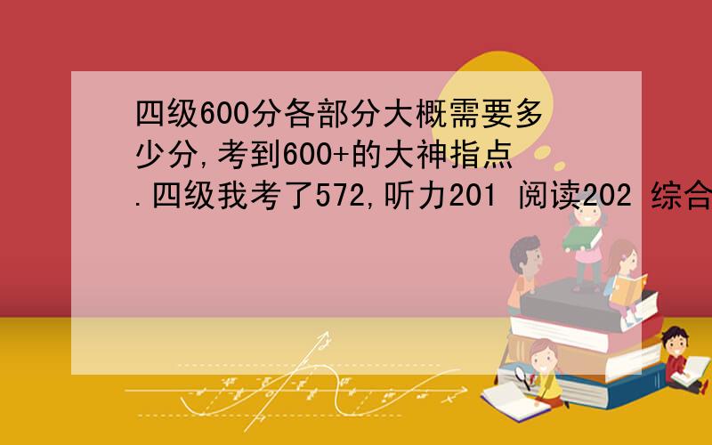 四级600分各部分大概需要多少分,考到600+的大神指点.四级我考了572,听力201 阅读202 综合52 写作117 .因为要准备六级死活考到600,我想看一下自己哪方面是短板,还是哪方面都是短板.求大神指出