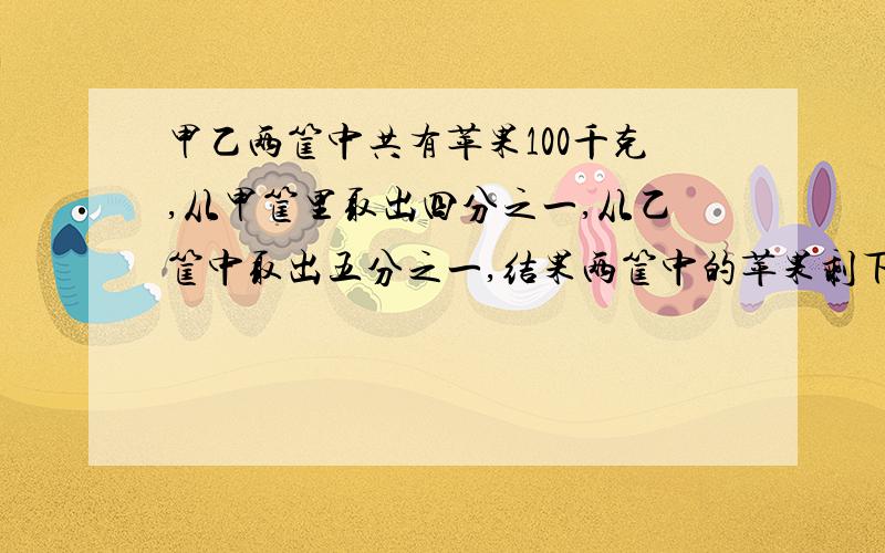 甲乙两筐中共有苹果100千克,从甲筐里取出四分之一,从乙筐中取出五分之一,结果两筐中的苹果剩下76千克,甲乙两个筐原各有苹果多少千克?【请不要用方程,最好用假设法,】