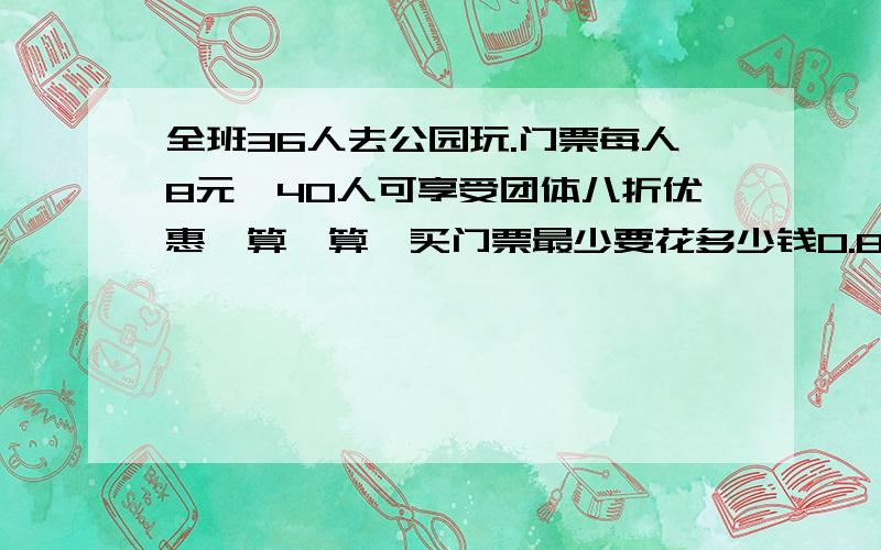 全班36人去公园玩.门票每人8元,40人可享受团体八折优惠,算一算,买门票最少要花多少钱0.8哪来的40×8×0.8=256