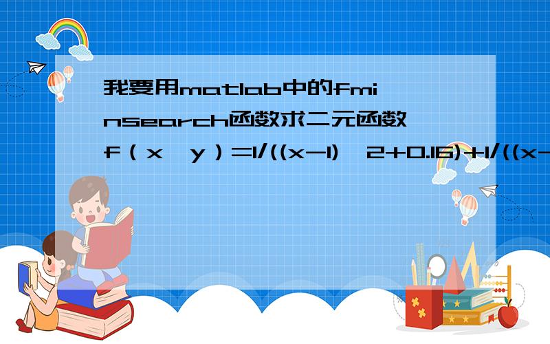 我要用matlab中的fminsearch函数求二元函数f（x,y）=1/((x-1)^2+0.16)+1/((x-1)^2+0.16)的极值只这是我写的程序：f=@(x,y) 1./((x-1).^2+0.16)+1./((y-4).^2+0.16);x=-1:0.1:3;y=3:0.1:5;[X,Y]=meshgrid(x,y);z=f(X,Y);mesh(X,Y,z);opt=optim