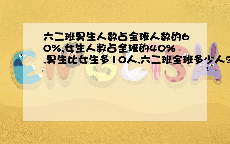 六二班男生人数占全班人数的60%,女生人数占全班的40%,男生比女生多10人,六二班全班多少人?图理解