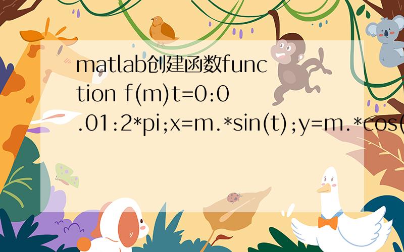 matlab创建函数function f(m)t=0:0.01:2*pi;x=m.*sin(t);y=m.*cos(t);plot(x,y);axis equal; Error in ==> f at 3x=m.*sin(t);保存名为f.m