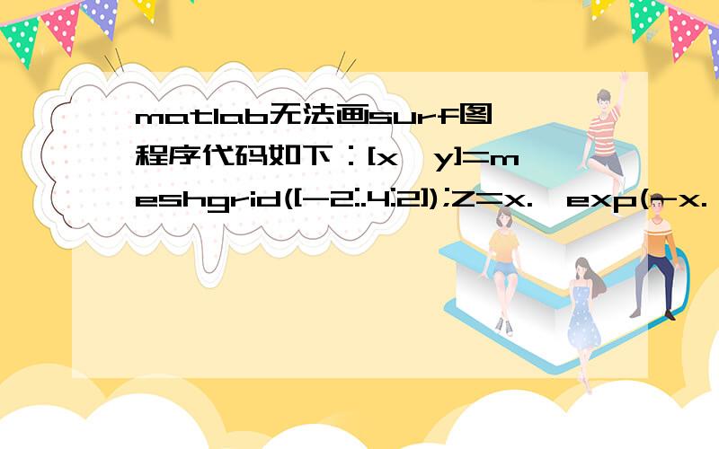 matlab无法画surf图程序代码如下：[x,y]=meshgrid([-2:.4:2]);Z=x.*exp(-x.^2-y.^2);fh=figure('position',[300,150,500,500],'color','w');ah=axes('color',[.8 .8 .8],'XTick',[-2 -1 0 1 2],'YTick',[-2 -1 0 1 2]);sh=surf('XData',x,'YData',y,'ZData',