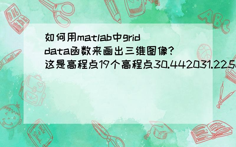 如何用matlab中griddata函数来画出三维图像?这是高程点19个高程点30.442031.225030.134031.110030.059030.709031.206026.424029.487025.790031.338031.128030.989030.160030.741031.074030.621031.183030.3320如何画成如下的图啊