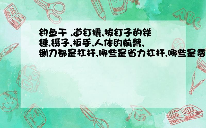 钓鱼干 ,道钉撬,拔钉子的铁锤,镊子,扳手,人体的前臂,铡刀都是杠杆,哪些是省力杠杆,哪些是费力杠杆