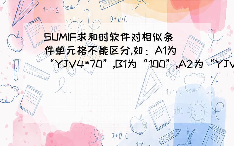 SUMIF求和时软件对相似条件单元格不能区分,如：A1为“YJV4*70”,B1为“100”,A2为“YJV4*150+70”,B2为“200”,我现在在C1中插入=SUMIF(A:A,A1,B:B),结果出来的是300,软件没有把A1与A2区分开来,怎么办?