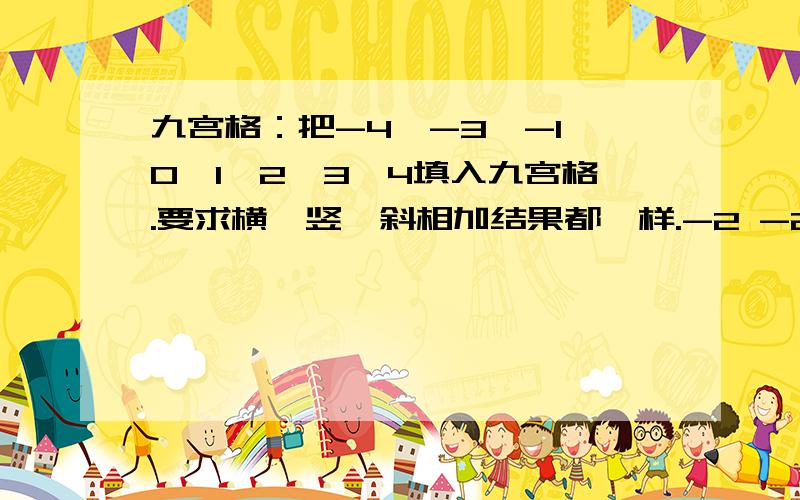 九宫格：把-4,-3,-1,0,1,2,3,4填入九宫格.要求横、竖、斜相加结果都一样.-2 -2在中间