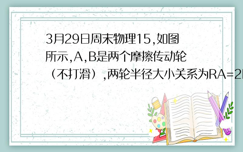 3月29日周末物理15,如图所示,A,B是两个摩擦传动轮（不打滑）,两轮半径大小关系为RA=2RB,则两轮边缘上的A  角速度之比ωA: ωB=2：1                B 周期之比TA:TB=2:1C  转速之比nA:nB=2：1