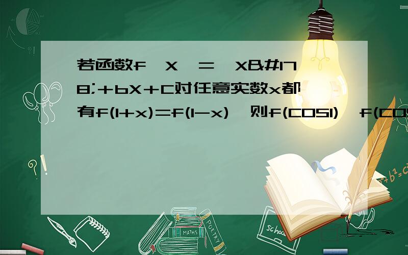 若函数f﹙X﹚＝﹣X²＋bX＋C对任意实数x都有f(1+x)=f(1-x),则f(COS1),f(COS√2),的大小关系