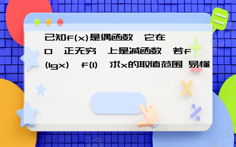 已知f(x)是偶函数,它在【0,正无穷】上是减函数,若f(lgx)>f(1),求x的取值范围 易懂