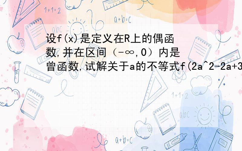 设f(x)是定义在R上的偶函数,并在区间（-∞,0）内是曾函数,试解关于a的不等式f(2a^2-2a+3)