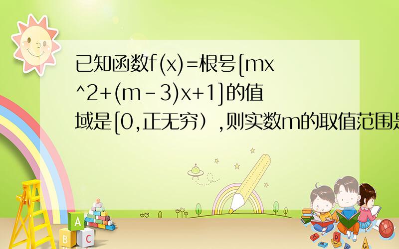 已知函数f(x)=根号[mx^2+(m-3)x+1]的值域是[0,正无穷）,则实数m的取值范围是?为什么判别式要大于等于零而不是小于等于