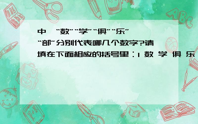 中,“数”“学”“俱”“乐”“部”分别代表哪几个数字?请填在下面相应的括号里：1 数 学 俱 乐 部× 3______________________数 学 俱 乐 部 1数=（?）、学=（?）、俱=（?）、乐=（?）、部=（?）.