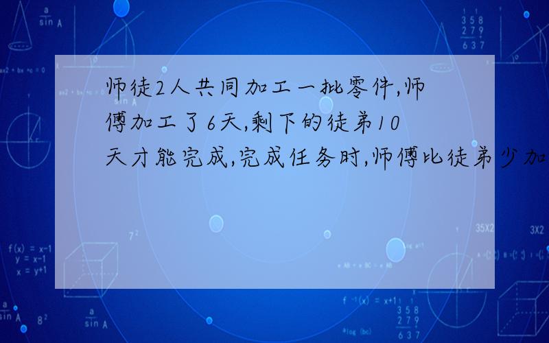 师徒2人共同加工一批零件,师傅加工了6天,剩下的徒弟10天才能完成,完成任务时,师傅比徒弟少加工160个,已知徒弟每天加工124个,师傅每天加工多少个?