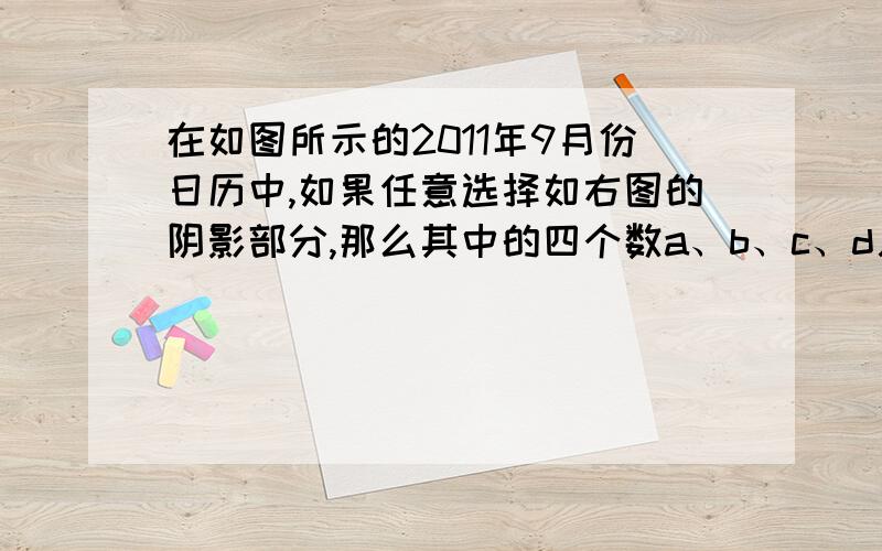 在如图所示的2011年9月份日历中,如果任意选择如右图的阴影部分,那么其中的四个数a、b、c、d又有什么规律请用含a、b、c、d的等式表示：__________________(其中a、b、c、d四个数之间的大小关系