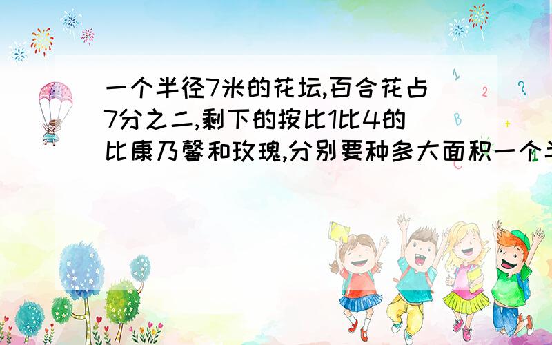 一个半径7米的花坛,百合花占7分之二,剩下的按比1比4的比康乃馨和玫瑰,分别要种多大面积一个半径7米的圆形花坛,百合花占总面积的7分之二,剩下的按比1比4的比种康乃馨和玫瑰,康乃馨和玫