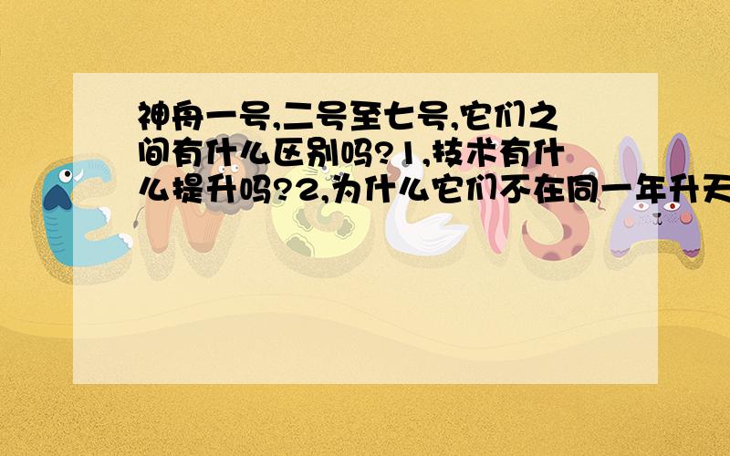 神舟一号,二号至七号,它们之间有什么区别吗?1,技术有什么提升吗?2,为什么它们不在同一年升天,而要隔这么久来一次?