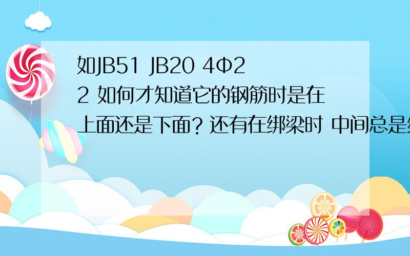 如JB51 JB20 4Ф22 如何才知道它的钢筋时是在上面还是下面？还有在绑梁时 中间总是绑了四条或六条的钢筋 在图纸中怎么看...