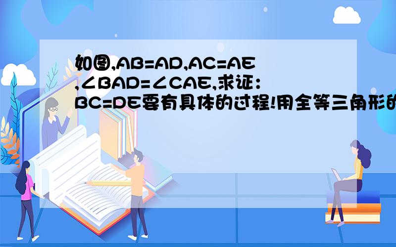 如图,AB=AD,AC=AE,∠BAD=∠CAE,求证：BC=DE要有具体的过程!用全等三角形的方式解答.每一步的步骤都要有!因为所以写准确!