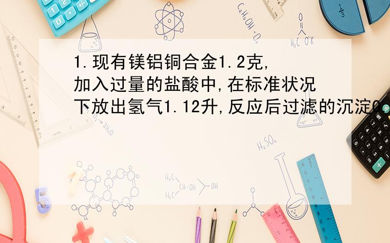 1.现有镁铝铜合金1.2克,加入过量的盐酸中,在标准状况下放出氢气1.12升,反应后过滤的沉淀0.2克.若将此合金放入过量的烧碱溶液中,反应后,在标准状况下,产生氢气的体积月为多少?2.将6克铁粉