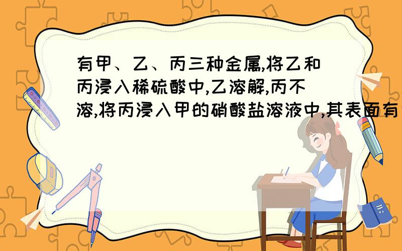 有甲、乙、丙三种金属,将乙和丙浸入稀硫酸中,乙溶解,丙不溶,将丙浸入甲的硝酸盐溶液中,其表面有甲析出,则三种金属的活动顺序是?乙>丙>甲为什么答案是这个?拜托有人和我讲下吧