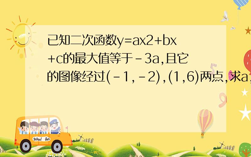 已知二次函数y=ax2+bx+c的最大值等于-3a,且它的图像经过(-1,-2),(1,6)两点,求a,b,c的值已知抛物线y=2x2-4x+4的对称轴是x=2m-2n,函数的最小值为4n-3m,试求m,n的值