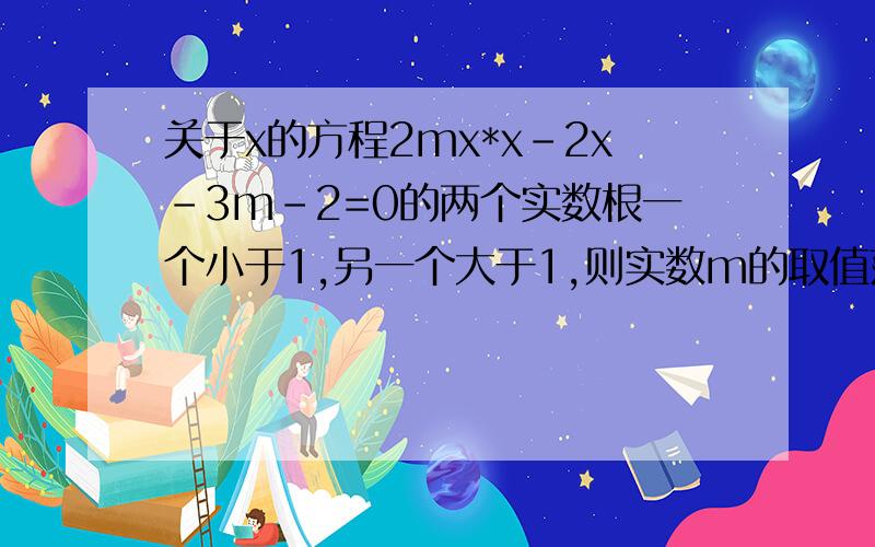 关于x的方程2mx*x-2x-3m-2=0的两个实数根一个小于1,另一个大于1,则实数m的取值范围是