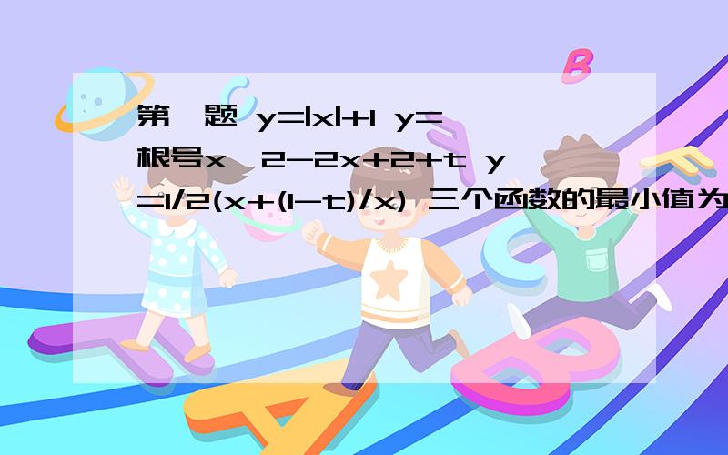 第一题 y=|x|+1 y=根号x^2-2x+2+t y=1/2(x+(1-t)/x) 三个函数的最小值为x^3+ax^2+bx+c的三根 0c) f(1)=0 存在实数m使f(m)=-a 证明（1）f(x)在【0,正无穷）为单调递增函数 （2）g(x)=f(x)+bx对x1 x2 x1≠x2 g(x1)=g（x2)=0