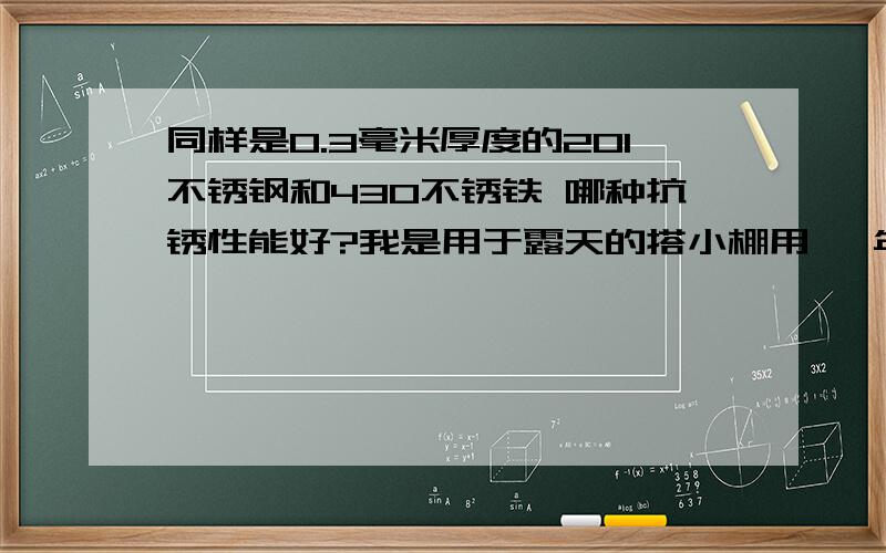 同样是0.3毫米厚度的201不锈钢和430不锈铁 哪种抗锈性能好?我是用于露天的搭小棚用 一年中有一半的时间是盖了大棚膜的 一半的时间是没什么东西遮挡的 请问是哪种材料合适