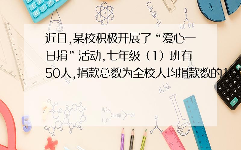 近日,某校积极开展了“爱心一日捐”活动,七年级（1）班有50人,捐款总数为全校人均捐款数的10倍多20元；七年级（2）班有54人,捐款总数为全校人均捐款的12倍少30元.（1）如果两个班的捐款