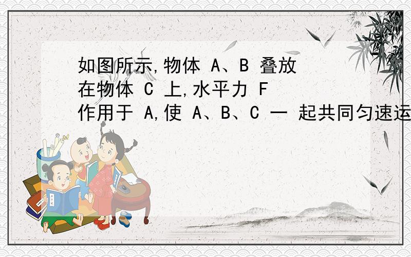 如图所示,物体 A、B 叠放在物体 C 上,水平力 F 作用于 A,使 A、B、C 一 起共同匀速运动,各接触面间的摩擦力的情况是 各接触面间的摩擦力的情况是（）A.A 对 C 有向左的摩擦力 B.C 对 B 有向左