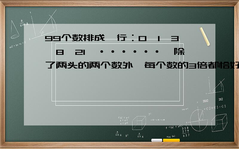 99个数排成一行：0,1,3,8,21,······,除了两头的两个数外,每个数的3倍都恰好等于它两边的两个数的这99个数中有多少个奇数?要详细算式,