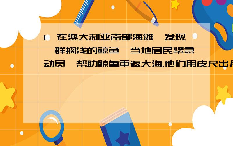 1、在澳大利亚南部海滩,发现一群搁浅的鲸鱼,当地居民紧急动员,帮助鲸鱼重返大海.他们用皮尺出月测算出其中一头鲸鱼的体积约为3立方米,则该头鲸鱼的质量约为A.300千克 B.3000千克C.30000千