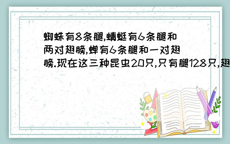 蜘蛛有8条腿,蜻蜓有6条腿和两对翅膀,蝉有6条腿和一对翅膀.现在这三种昆虫20只,只有腿128只,翅膀22对,每种昆虫各有多少只?