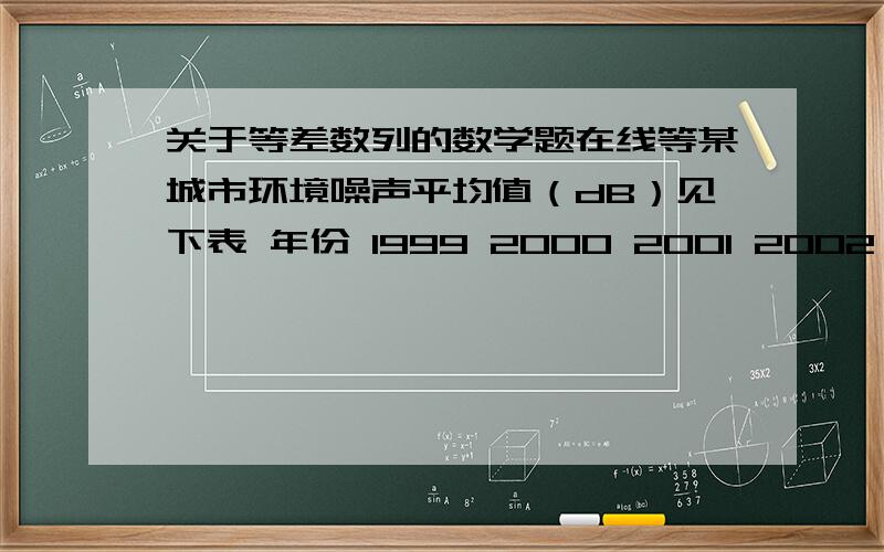 关于等差数列的数学题在线等某城市环境噪声平均值（dB）见下表 年份 1999 2000 2001 2002 噪声/(dB) 57.8 57.2 56.6 56.0 如果噪声平均值依此规律逐年减少,那么从2002年起,经过多少年,噪声平均值将小