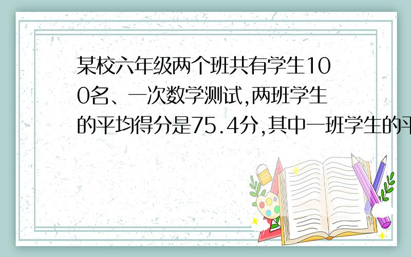 某校六年级两个班共有学生100名、一次数学测试,两班学生的平均得分是75.4分,其中一班学生的平均得分是73分,两班学生的平均得分是78分,一班比二班多几名学生 (算术方法)