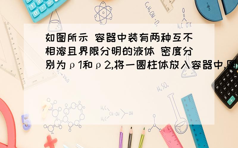 如图所示 容器中装有两种互不相溶且界限分明的液体 密度分别为ρ1和ρ2,将一圆柱体放入容器中,圆柱体的密度为 ρ3.静止时圆柱体的上表面到分界线的距离为L1,如图1所示.将第一个圆柱体取