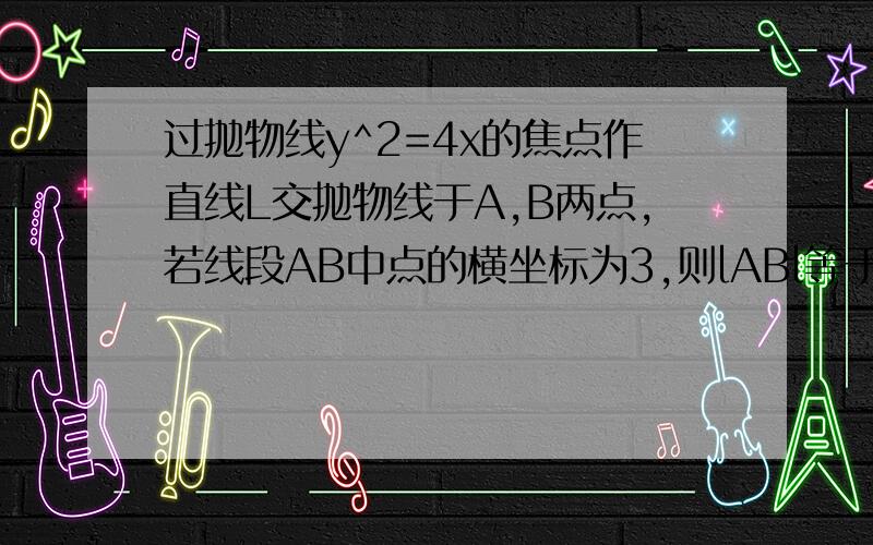 过抛物线y^2=4x的焦点作直线L交抛物线于A,B两点,若线段AB中点的横坐标为3,则lABl等于我算到这里y=k（x-1）,然后按照我们老师所说,变为x=y+k/kk,再代入抛物线（因为x是一次项,代X能简化计算）,但