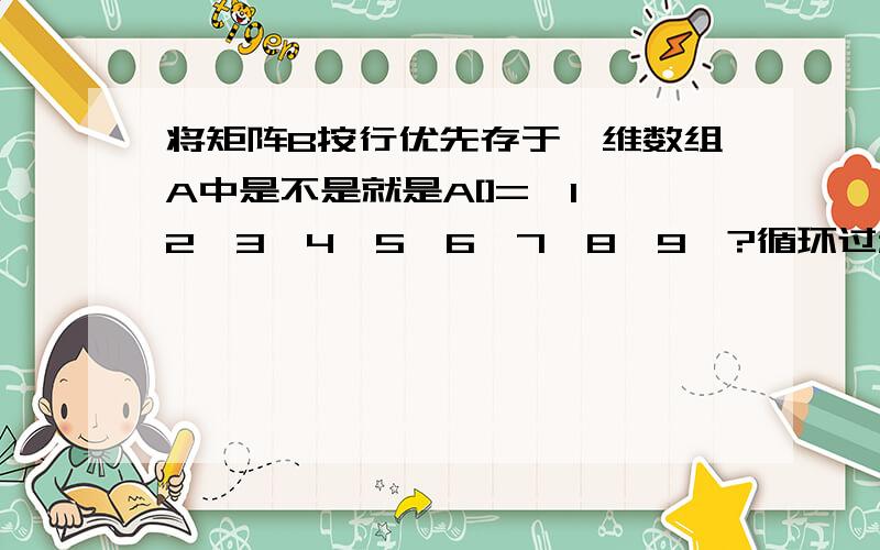 将矩阵B按行优先存于一维数组A中是不是就是A[]={1,2,3,4,5,6,7,8,9}?循环过程和结果是什么?30.阅读下列程序.void f30(int A[],int n){int i,j,m;for (i=1；i