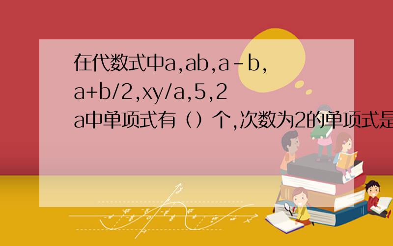 在代数式中a,ab,a-b,a+b/2,xy/a,5,2a中单项式有（）个,次数为2的单项式是（）,系数为1的单项式是（）