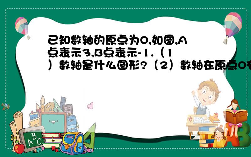 已知数轴的原点为O,如图,A点表示3,B点表示-1.（1）数轴是什么图形?（2）数轴在原点O右边的部分（包括原点）是什么图形?怎么表示?（3）数轴上表示不小于- 且不大于3的部分是什么图形?怎么