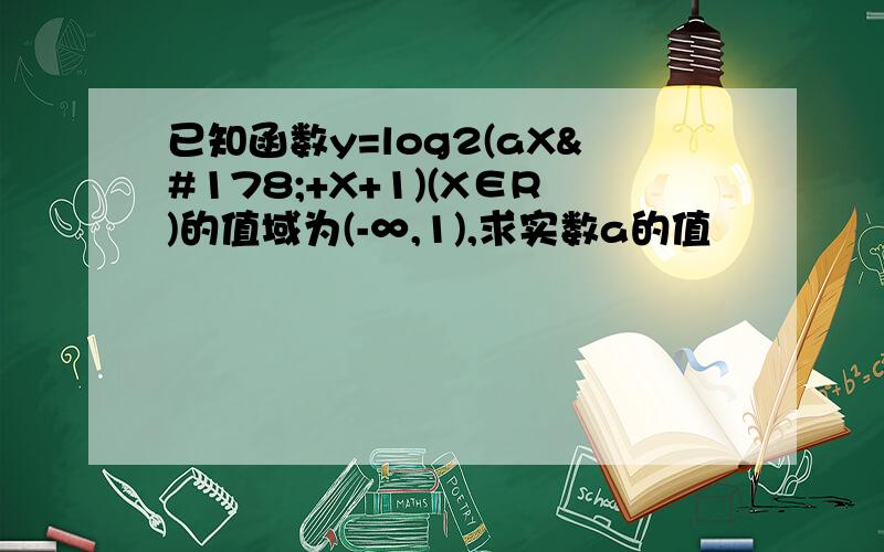 已知函数y=log2(aX²+X+1)(X∈R)的值域为(-∞,1),求实数a的值